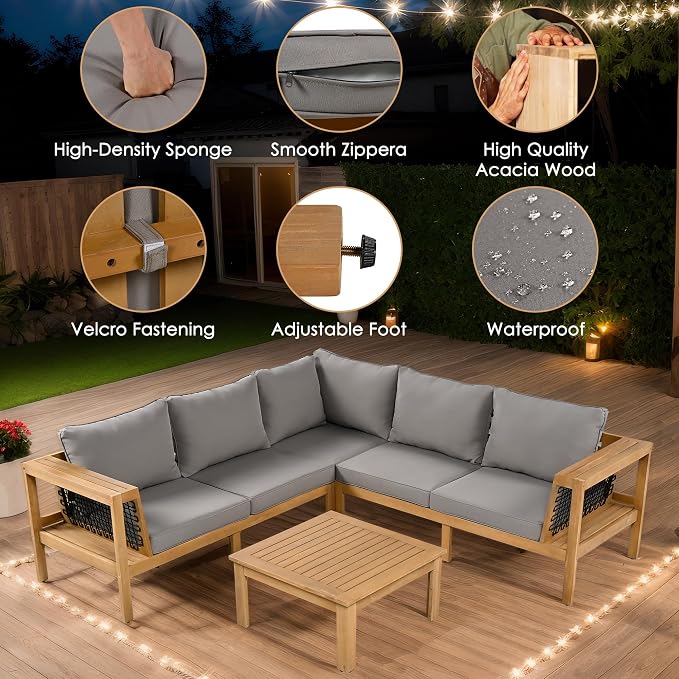 VilroCaz Acacia Wood Patio Sectional Sofa Set, All-Weather Outdoor Conversation Set with Coffee Table and Woven Mesh Armrests, Corner Design Patio Set with Cushions and Side Table (Gray Cushions)