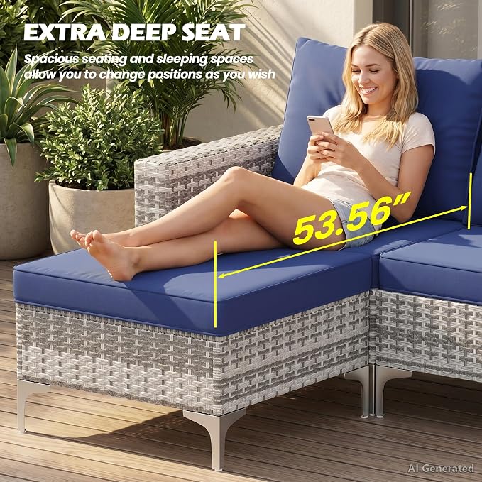 Vikiullf Wicker Patio Furniture Set, 5 Pieces Outdoor Conversation Set, Patio Sectional Sofa with 4" Thick Cushions, for Poolside Backyard Garden