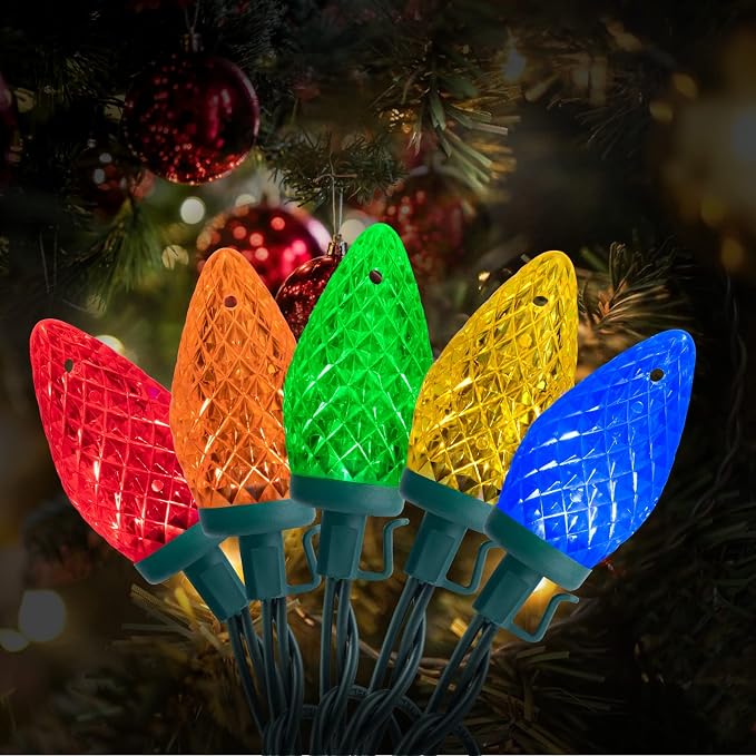 Brightown C9 Christmas String Lights Multicolor, 66ft 100 LED Faceted Christmas Lights on Green Wire, Plug-in Large Bulb Strawberry String Lights for House Roof Roofline Christmas Tree Party Outdoor
