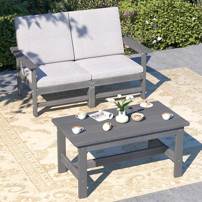 3-Piece HDPE Patio Furniture Set, All-Weather Outdoor Sectional Sofa Set with Coffee Table, Wood-Like Composite Conversation Couch for Deck, Lawn, Balcony - Grey Frame