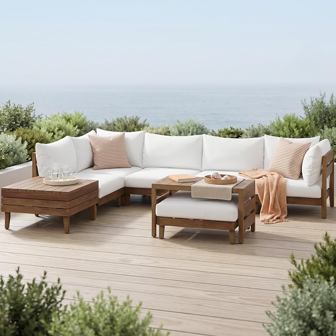 8-Piece Acacia Wood Outdoor Patio Sofa Set, Modular Sectional Furniture Set with Storage Tea Table, Coffee Table and Cushions for Backyard, Poolside, Indoor&Outdoor,Beige