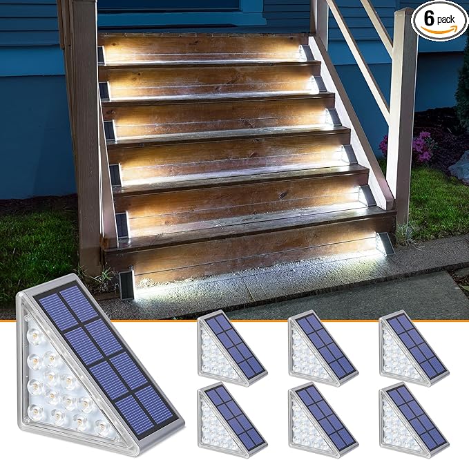 Solar Step Lights,6 Pack Cool White Solar Stair Lights Outdoor Waterproof IP67 Auto On Off,Solar Lights for Steps,Stair,Patio,Yard,Porch,Front Door,Sidewalk,Deck Decor