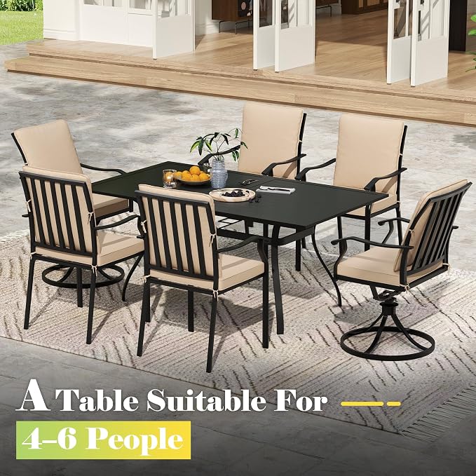 63" Outdoor Patio Dining Table for 6, Rectangular Metal Table with Umbrella Hole, Weather-Resistant Slatted Table, Black