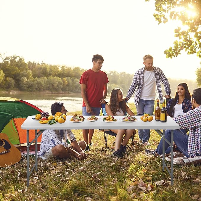 SUPER DEAL Upgraded 6FT Folding Picnic Table for Outdoor, Portable Fold-in-Half Plastic Dining Picnic Party Table with Carrying Handle
