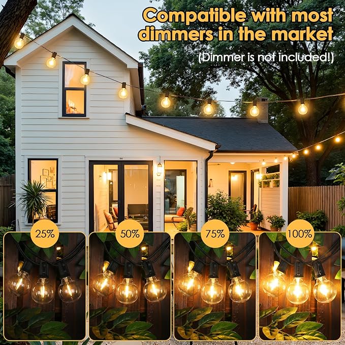 25FT G40 LED Outdoor String Lights with 10+1 Bulbs, Plug-in, Black | Waterproof, Shatterproof, Dimmable, Connectable, Energy-saving, Patio Lights Porch Balcony Backyard Party Classroom Decor