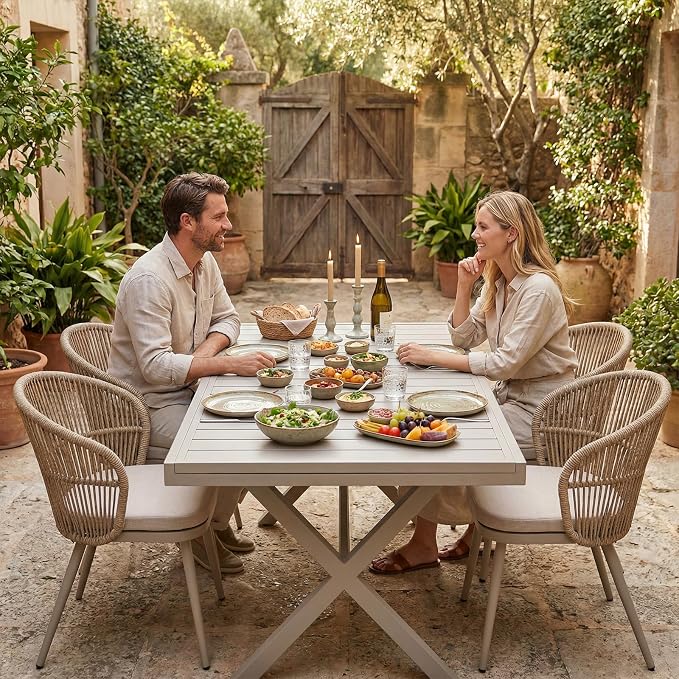 SUNSITT 11 Piece Outdoor Patio Dining Set, 65" - 107" Metal Expandable Outdoor Dining Table with X-Shape Legs, 10 Woven Wicker Outdoor Patio Chairs w/Removable Cushions for Garden, Beige