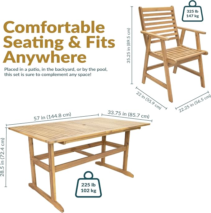 Sunnydaze 7-Piece Patio Dining Set for 6 - Hatteras Acacia Wood Outdoor Dining Set with Umbrella Hole - Outdoor Table and Chairs for 6