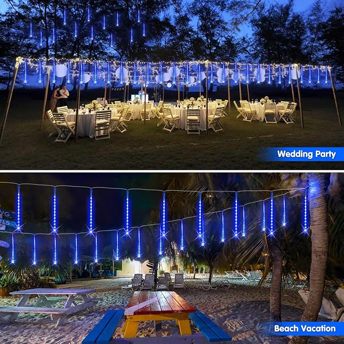 JMEXSUSS Solar Lights for Outdoor Decor, Solar Meteor Shower Lights Outdoor | 8 Tube 144 LEDs , Hanging Blue Christmas Lights for Tree Yard Icicle Garden Patio Gazebo Eaves Front Porch Decor