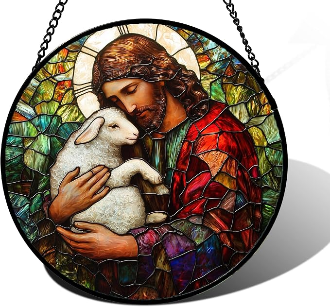 DASTOLL Stained Glass Window Hanging, Jesus Little Lamb Sun Catchers Colorful Glass Panel Christianity Suncatcher Decor for Birthday for Women, Men, Wife, Aunt, and Mom 9.8 in