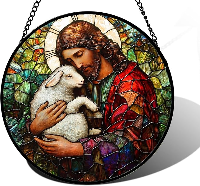 DASTOLL Stained Glass Window Hanging, Jesus Little Lamb Sun Catchers Colorful Glass Panel Christianity Suncatcher Decor for Birthday for Women, Men, Wife, Aunt, and Mom 7.8 in