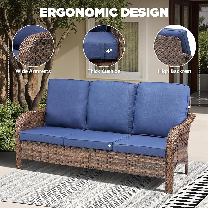 7 PCS Patio Furniture Set, Outdoor Wicker Sofa & 4 Swivel Rocking Chairs with 2 Ottomans, 4-Inch Thick Olefin Cushions, 300 lbs Capacity Rattan Conversation Set for Porch, Blue