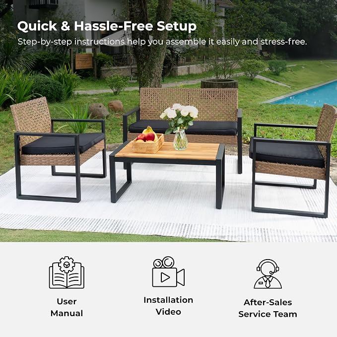 4 Piece Patio Furniture Set, Wicker Rattan Outdoor Furniture with Cushion, Patio Conversation Sets with Chairs Loveseat and Coffee Table for Outdoor, Porch, Yard, Poolside, Balcony, Lawn (Light Brown)