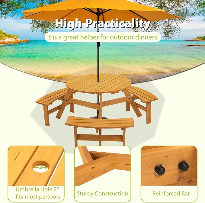 SSLine 6-Person Solid Wood Picnic Table Outdoor Round Picnic Table and Bench Set with Umbrella Hole Outside Wooden Table and Chairs Set for Patio Backyard Garden Lawn (Natural Brown)