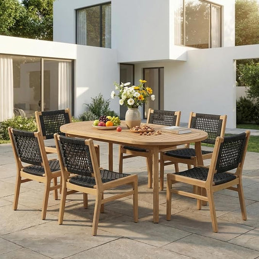 Christopher Knight Home Chuse Acacia Wood Dining Table Set for 6, Solid Wood Outdoor Dining Set for 6, 7 Piece Oval Patio Dining Table and Chair Set with Wicker Seat & Back, Black + Light Teak