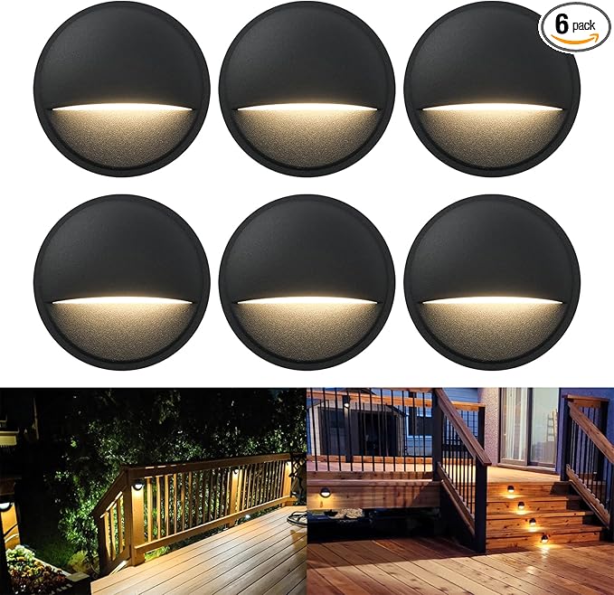 6-Pack Low Voltage LED Deck Lights, Landscape Stair Railing Light Fixture, 2W 3000K Integrated LED Chips, Die-cast Aluminum 12V AC/DC Accent Lighting with Black Powder Coated Finish, UL-Listed
