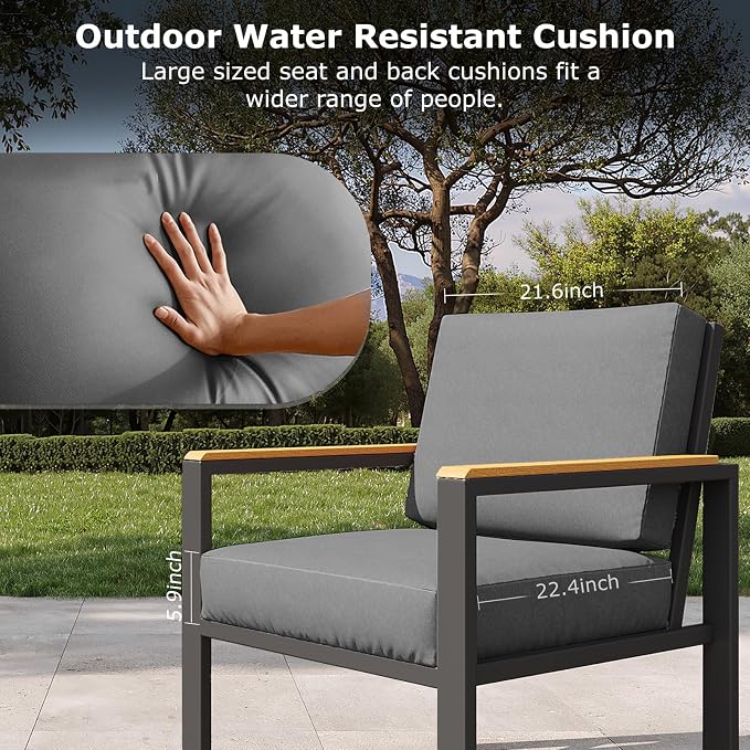4-Piece Outdoor Patio Furniture Set, Metal Conversation Sofa Set with Deep Cushions & Wood-Like Armrests, Modern Patio Seating with Coffee Table for Garden, Porch, Balcony, Backyard (Black)
