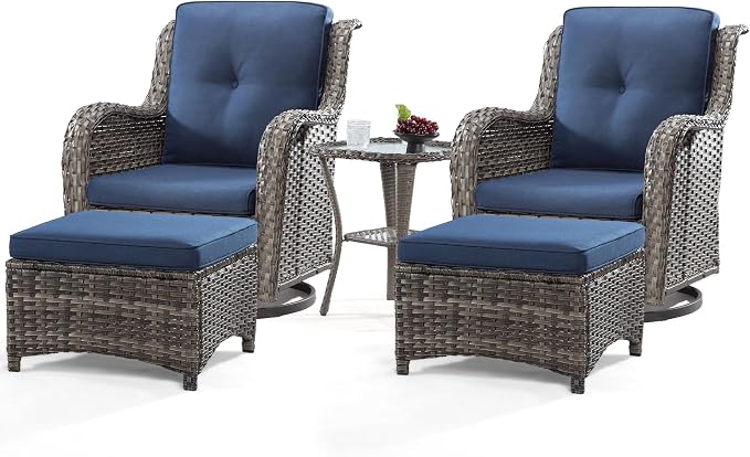 5 Piece Outdoor Patio Furniture Set Wicker Conversation Bistro Set Swivel Rocking Chairs with Side Table and Ottomans for Backyard, Porch, Deck(Mixed Grey/Blue)
