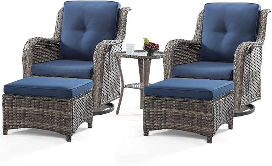 5 Piece Outdoor Patio Furniture Set Wicker Conversation Bistro Set Swivel Rocking Chairs with Side Table and Ottomans for Backyard, Porch, Deck(Mixed Grey/Blue)