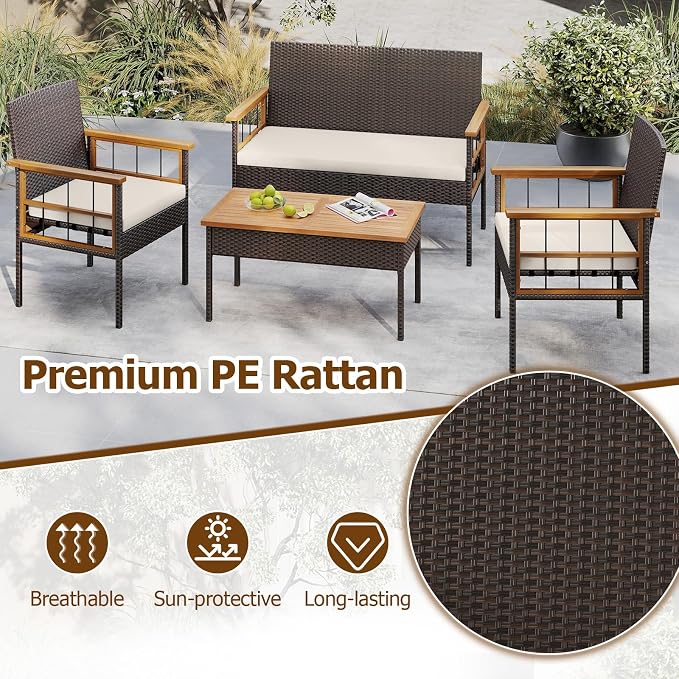 HAPPYGRILL Patio Furniture Set Outdoor Rattan Wicker Conversation Set with Acacia Wood Coffee Table, Chairs, Loveseat & Cushions, for Porch, Garden, Backyard, Poolside (8 Pieces)