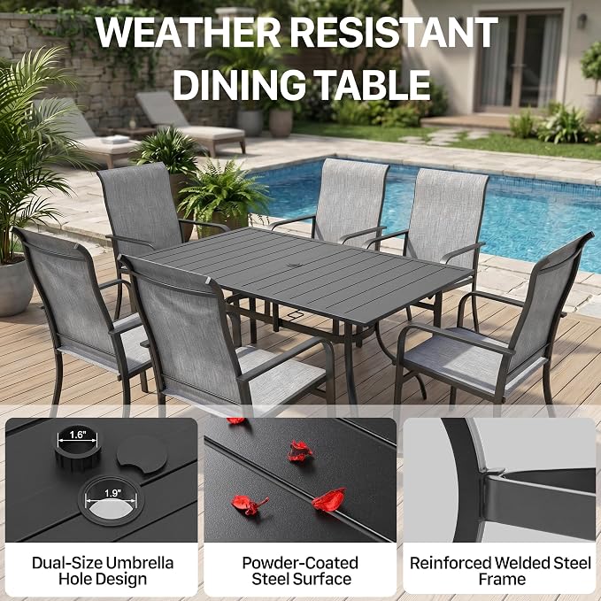 Anmutig 7 Pieces Outdoor Patio Dining Set with Umbrella Hole, 63" Large Rectangle Table with Heavy Duty Steel Frame, Outdoor Furniture Set for Backyard, Deck, Garden