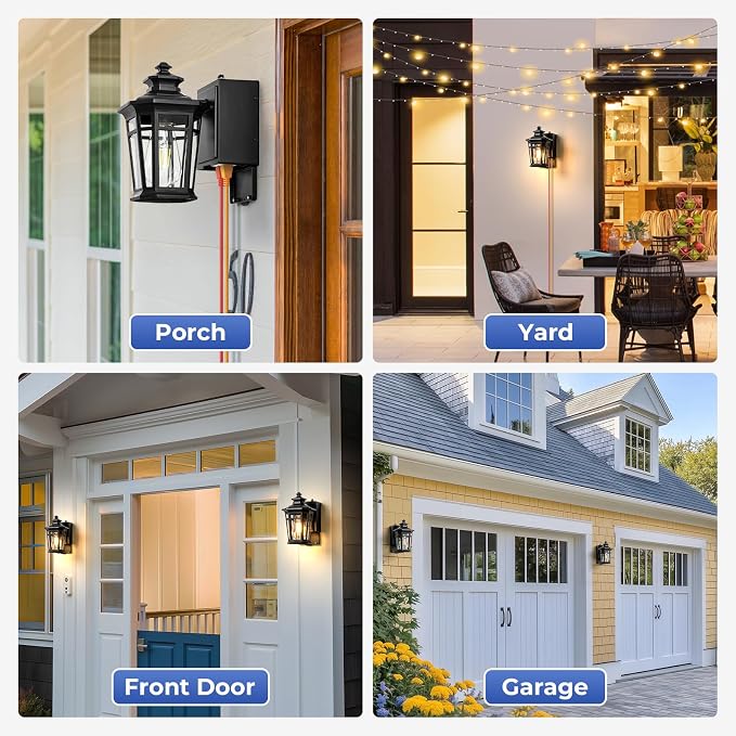 Gleamz Black Dusk to Dawn Outdoor Lighting with GFCI Outlet, Exterior Light Fixtures with Outlet, 9in H Lantern Wall Mount Aluminum Waterproof Anti-rust, Outside Lights for House, Proch, Patio, Garage