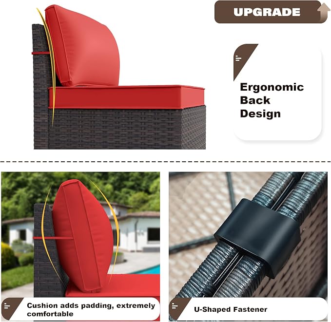 Kurapika 7 Pieces Patio Furniture Set, Rattan Outdoor Conversation Sets w/43in Propane Fire Pit Table and 4 Inch Cushion(Red)