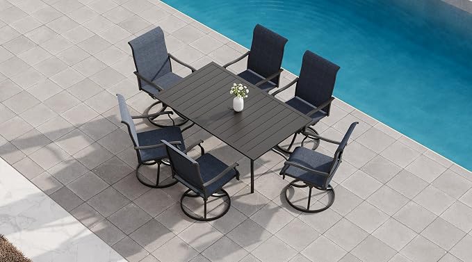 Outdoor Dining Set, 29" Heigh Rectangle Table and 6 Navy Swivel Chairs Sty1 | 63"x38" Metal Table, 29" Heigh Table Top,All Weather; 6 Piece Swivel Chairs: High Back,Retro Armrest,Textilene Fabric,Rocking