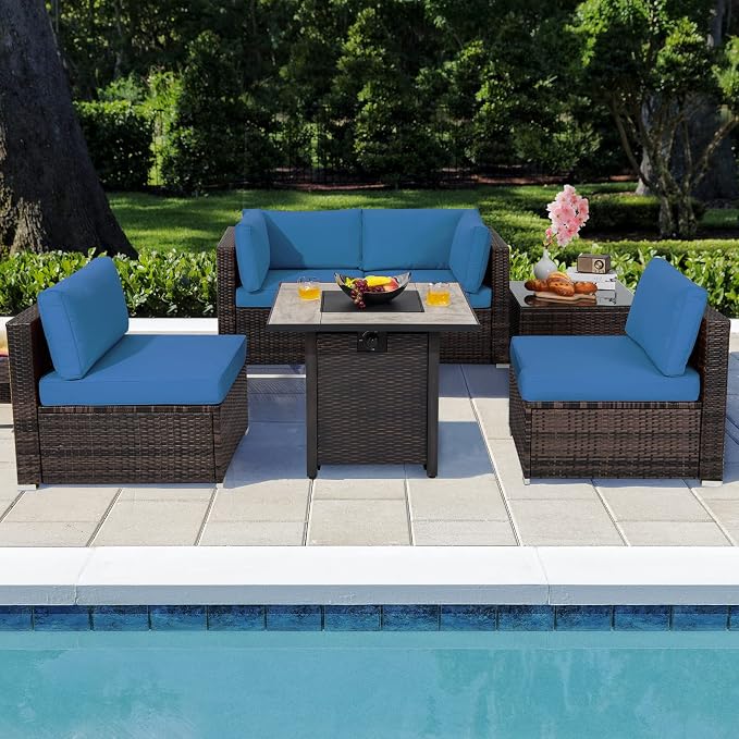 Tangkula 6 Piece Outdoor Rattan Sofa Set with 30in Propane Gas Fire Table, Ceramic Fire Tabletop, 50,000 BTU Heat Output, Cushions & Fire Pit Dust Cover, Patiojoy Weatherproof Wicker Set (Navy Blue)
