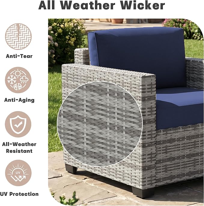 Patio Furniture Set, 7-Piece Outdoor Sectional Couch with Coffee Table & Thick Cushions, Outdoor Wicker Conversation Set for Backyard, Poolside, Garden (Grey White-Navy, 7 Piece-Double)