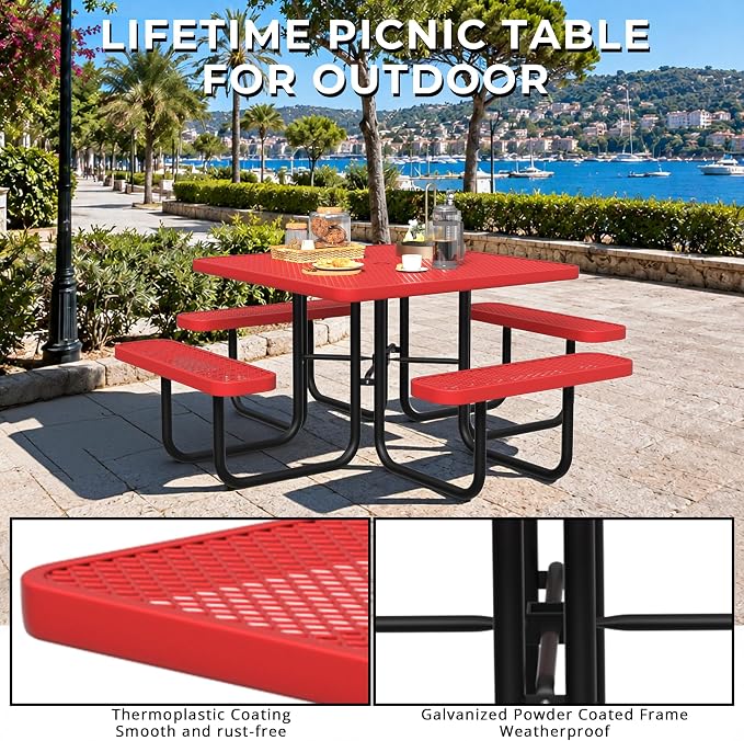 All-Weather Square Outdoor Picnic Table, Commercial Picnic Table Bench Set with Umbrella Hole, Thermoplastic Coated Metal Dining Tables for School, Stores, Park, Patio, Yard, Red