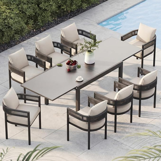 Grand patio 5-Piece Expandable Table Dining Set for 6 to 10, Aluminum Outdoor Dining Table with Glass Tabletop, Metal Woven Wicker Fixed Patio Chairs with Cushions for Yard, Poolside, Deck (Black)