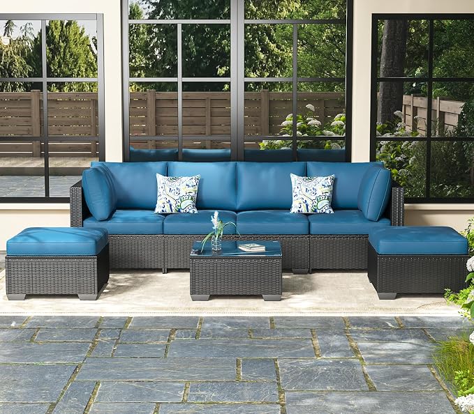 AECOJOY 7 Piece Outdoor Patio Furniture Set, Outdoor Sectional Conversation Furniture Chair with Coffee Table, Patio Sectional for Backyard, Garden(Peacock Blue Cushion and Black Ratta, with Cover)