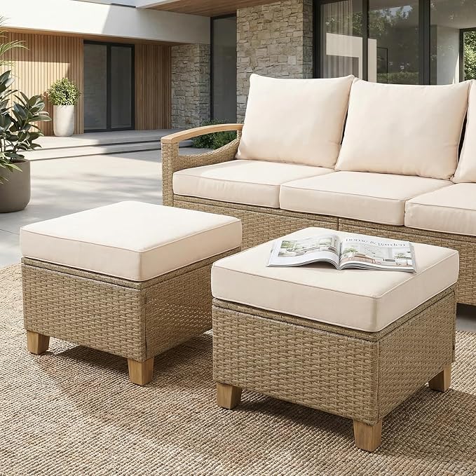 SUNSITT 6 Pieces Outdoor Furniture Set, Patio Wicker Conversation Sets with Swivel Chairs, Outdoor Sofa Set with 2 Ottomans, Beige Cushion