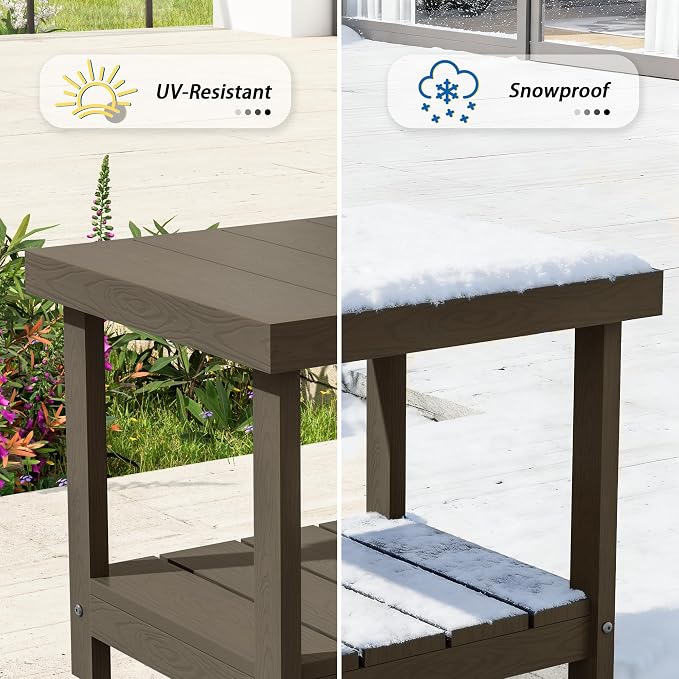 2-Tier HDPE Outdoor Square Side Table, Heavy-Duty Patio Side Table with Storage Shelf, Weather-Resistant Adirondack End Tables for Backyard, Pool, Porch, Garden, Lawn, Brown