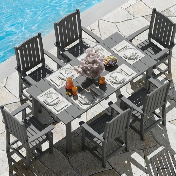 ROCSUMOO 7-Piece Outdoor Dining Table Sets, Patio HDPE Dining Table and Chair Set with Umbrella Hole, All Weather Outdoor Dining Furniture Set (Grey, 1 Table + 6 Chairs)