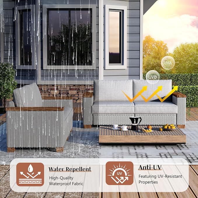 LUXOAK 7-Piece Outdoor Patio Sofa Set, PE Wicker Furniture with 5.9" Solid Wood Armrest, Deep Seating Sectional Conversation Set with Cushions for Backyard, Deck, Porch, Poolside, Garden