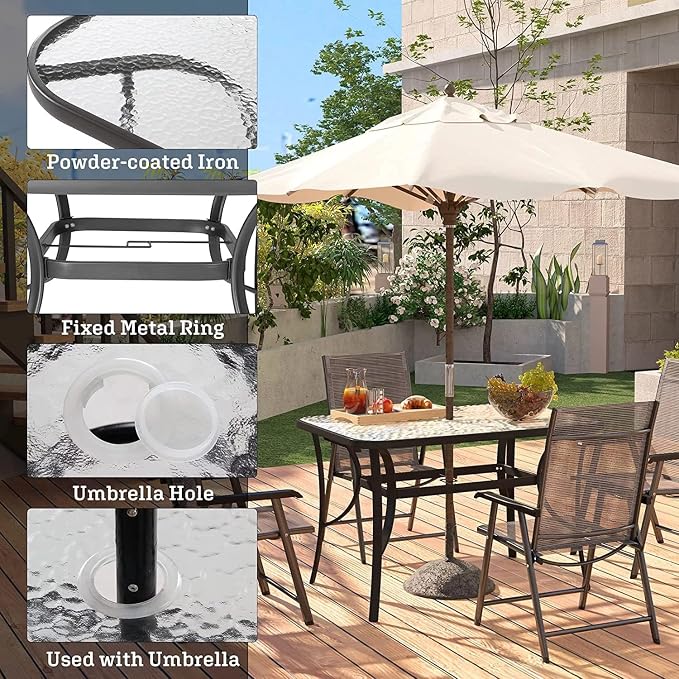 SogesPower Outdoor Tempered Glass Table Patio Dining Table with Umbrella Hole Steel Frame 47 Inch Black