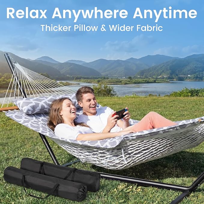ANAGOO Double Hammock with Stand – Portable Cotton Rope Hammock with Removable Quilted Pad & Pillow, Adjustable Steel Frame for Patio, Backyard, Garden, Park, Camping & Outdoor Relaxation – White Gray