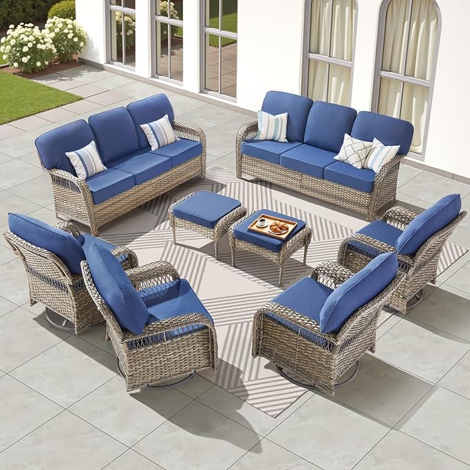 8 PCS Patio Furniture Set Outdoor Sectional Sofa Couch with Rocking Swivel Chairs 5" Deep Seat Chairs, Modern Wicker Rattan Conversation Set, Blue/Gray Wicker