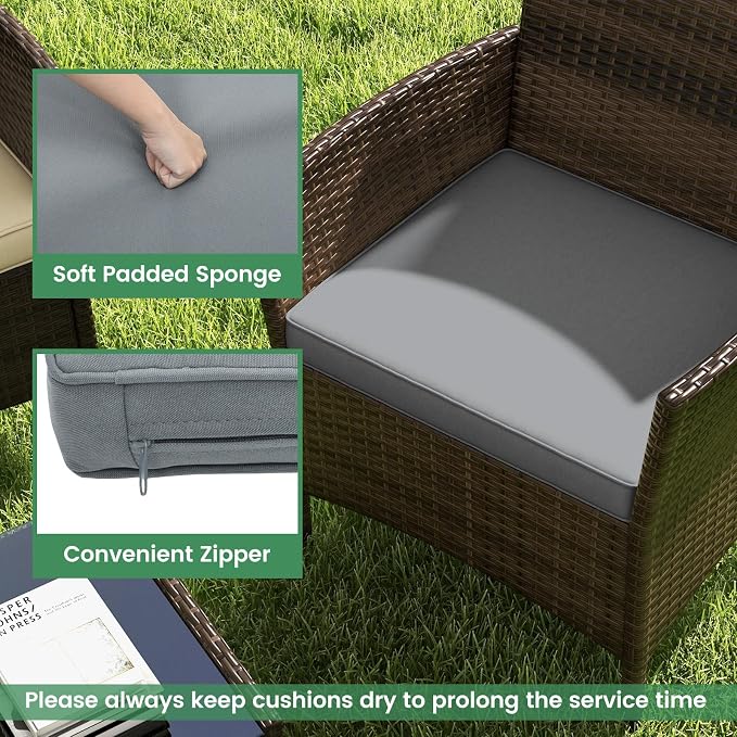 RELAX4LIFE 4-Piece Patio Furniture Set - Rattan Outdoor Conversation Bistro Set w/Cushions, Glass Coffee Table, Wicker Chairs & Loveseat for Garden Backyard Porch, Balcony Furniture Set (1, Grey)