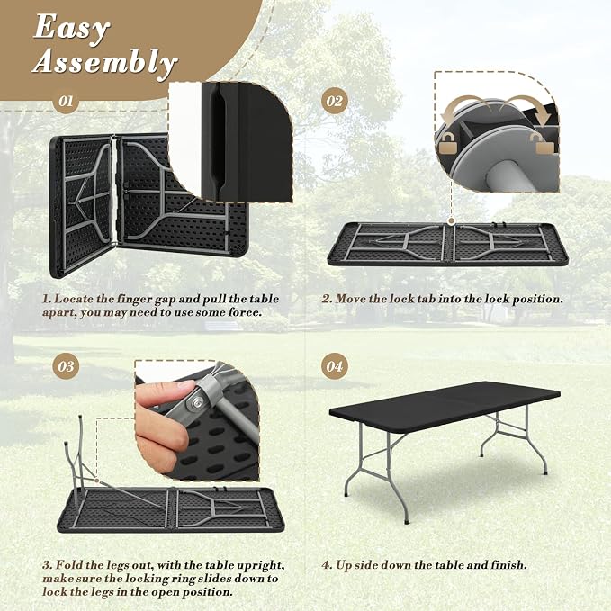 Athena Collection 8ft Folding Table, Lightweight Portable Desk with Handle, Square Foldable Plastic Table for Card Games, Collapsible Dining, Indoor Outdoor Camping Picnic & Party Use, Black