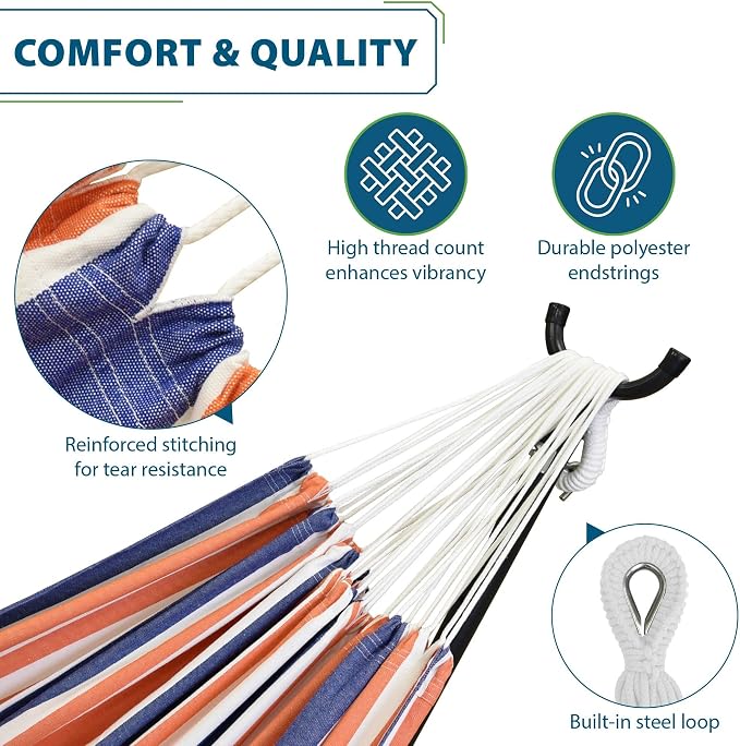 Vivere Double Cotton Hammock with Space Saving Steel Stand, Upgraded Polyester End Strings 450 lb Capacity - Premium Carry Bag Included - USA Grown Cotton (Orange Punch)