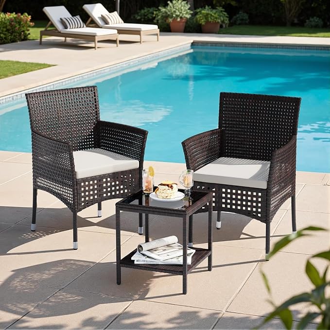 Brown All Wicker Rattan Conversation Sofas Outdoor 3 Piece Patio Furniture Set with Glass-top Coffee Table for Garden Balcony and Porch