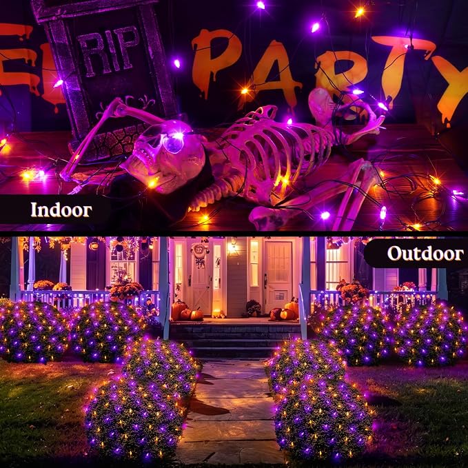 2 Pack 120LED Net Lights Outdoor, 5ft x 6ft Connectable Mesh Lights, 8 Modes 3.5V Low Voltage Waterproof Bush Lights for Trees, Bushes, Wedding, Party Decor (Orange/Purple, 2Pack)