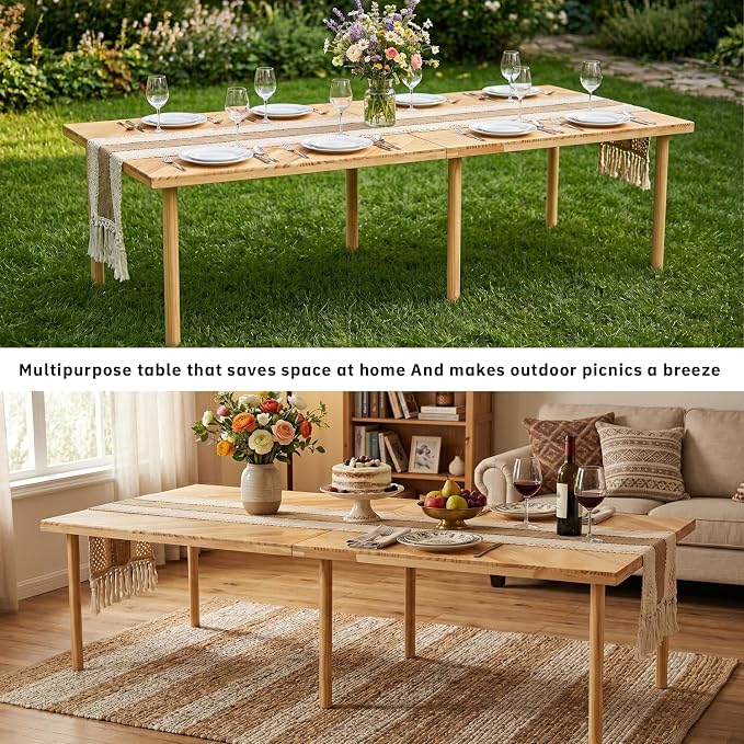 Boho Picnic Table, Portable Low Floor Sitting Table, Outdoor Folding Low Picnic Table for 6 Person, Wooden Low Table with Table Runner for Backyard, Beach, Camping, Wedding