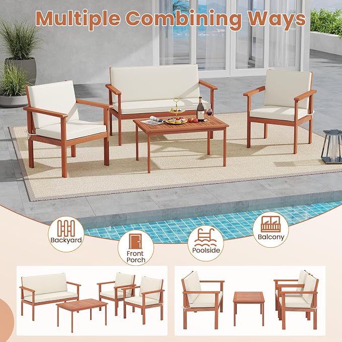 COSTWAY 8 Pieces Acacia Wood Conversation Set, Acacia Wood Porch Chairs with Table, Loveseat and Cushions, Outdoor Conversation Sofa Set for Garden, Balcony and Backyard