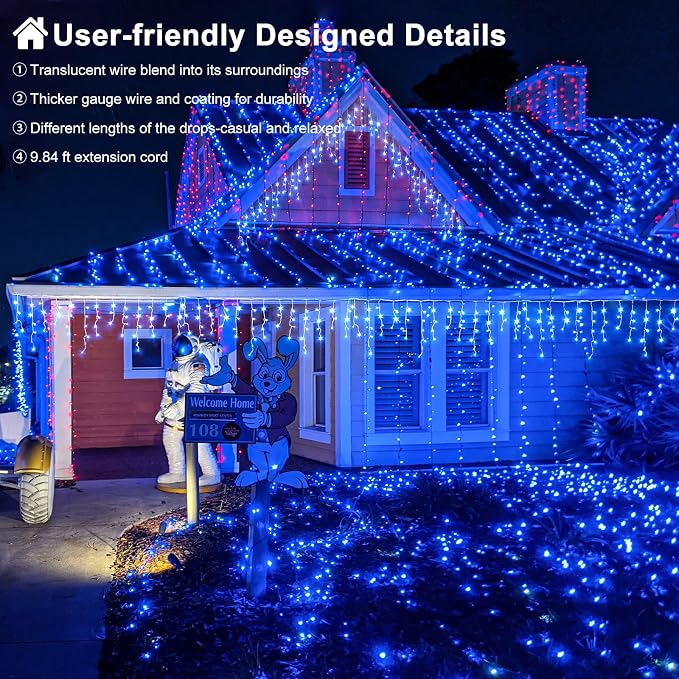 Blue Christmas Lights Outdoor Icicle Lights for Outside 33ft 400 LED Lights | Clear Wire Connectable String Lights with 8 Modes Timer Waterproof for House Window Party Tree Holiday Patio Yard Home Decor