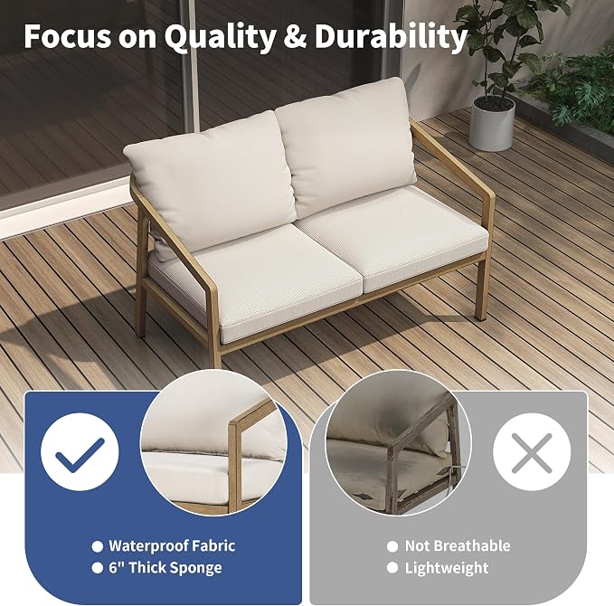 Outdoor Patio Loveseat Sofa, Aluminum 2-Seater Conversation Set with Washable Thick Cushions, Never-Rust Modern Garden Couch Bench for Porch, Poolside, Backyard (Brown+Beige)
