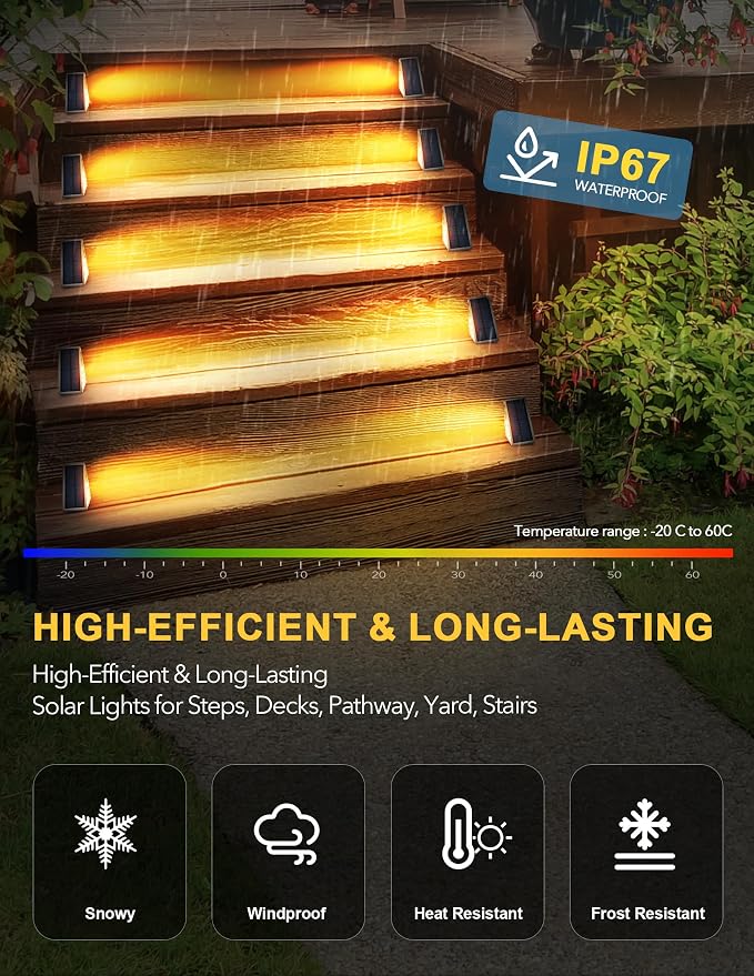 AUDLES LED Solar Step Lights Waterproof Outdoor Stair Lights, Warm White Solar Deck Lights IP67 Solar Decoration Lights for Yard, Patio, Garden, Walkways, Front Door, Pathway, Driveway, Porch 12 Pack