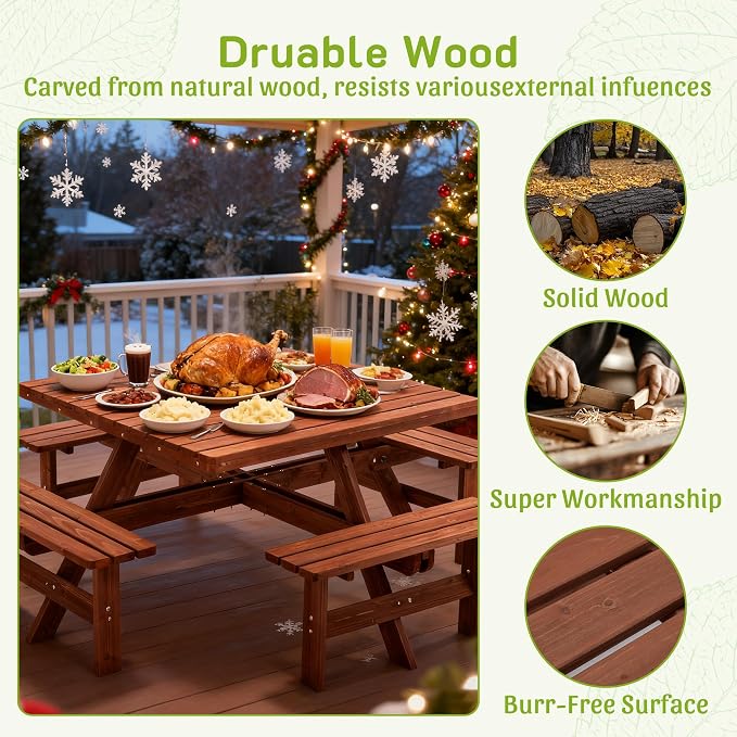 46 in. Square Picnic Table with Benches for 8 Persons, Outdoor Wooden Dining Set with Umbrella Hole, Waterproof & Sturdy Cross Structure for Backyard, Garden, Camping, Easy Clean